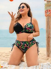 Swim Lushoire Plus Size Women's Lift Up Colorblock Beach Swimwear Set, Spring/Summer - Multicolor - View 6