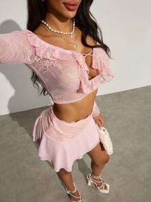 Zyxie 女士优雅蕾丝荷叶边露肩长袖上衣 - 淺粉色 - 查看 5