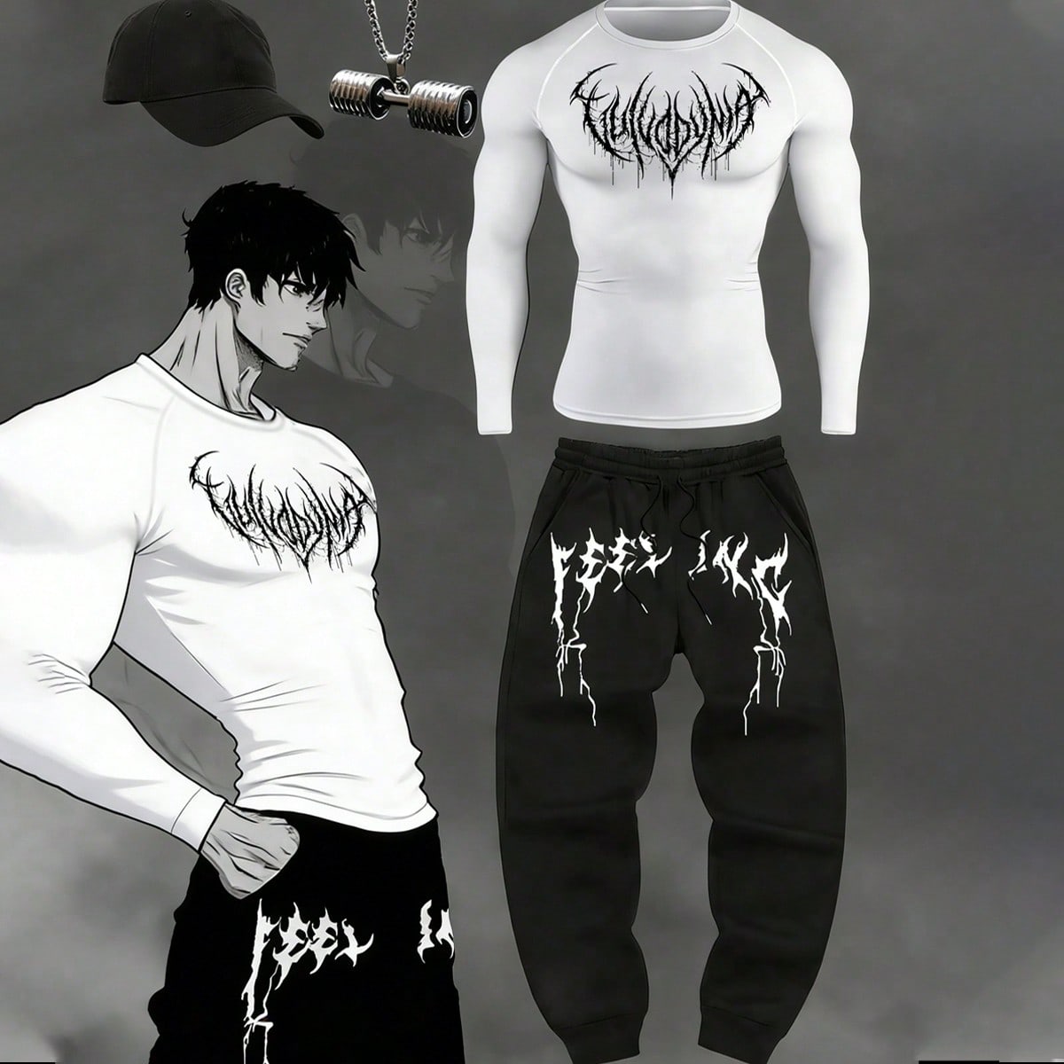 Conjunto deportivo cómodo de hombre con cuello redondo blanco, manga larga, estampado de figura y tela corta, para gimnasio