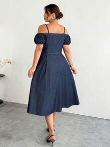 Firerie Plus Size Women's Off-Shoulder Button Design Fashionable Denim Dress,Valentine's Day,Summer,Carnival,Beach,Party,Elegant Party Dress,Going Out - Blue - View 2