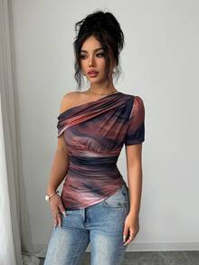 Elenzga Women's Elegant Romantic Asymmetric-Shoulder T-Shirt - Multicolor - View 3