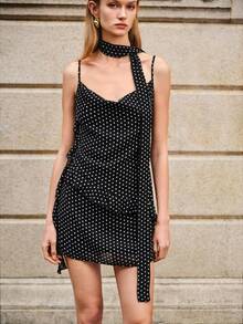 Lumivelle Valentine's Day Women's New Chiffon Polka Dot Ruffled Collar Super Long Ruffle Patchwork A-Line Waist Elegant Elegant Fashion Spaghetti Strap Dress, Spring/Summer  Summer Dress Black Dress Wedding Party Dress Black And White Polka Dot Dress Black Summer Dress Women - Black - View 6