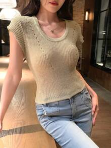 DAZY 女士圆领纯色韩版短袖针织上衣 - 橄欖綠 - 查看 6