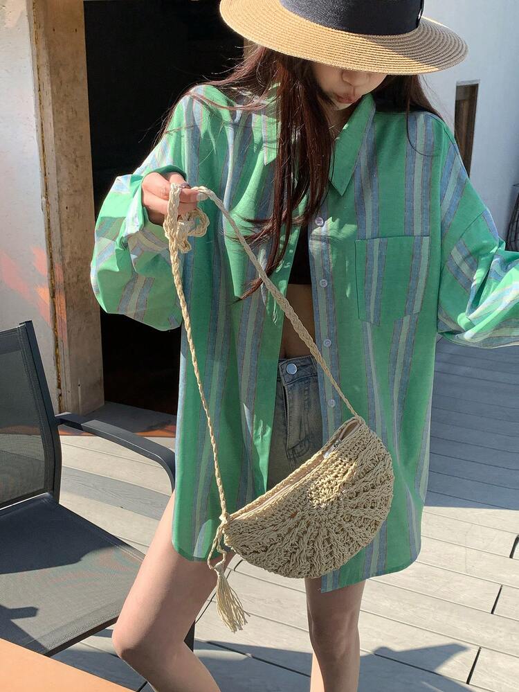 Women's Lightweight Casual Striped Long Sleeve Cardigan Shirt, Loose Fit Sunscreen Blouse For Autumn Summer