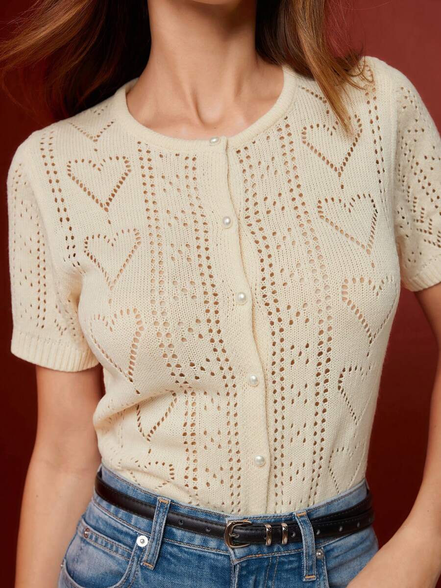 Maija Women's Solid Color Short Sleeve Hollow Out Knit Cardigan, Summer Top, Spring Breaks, Spring , Valentines For Women , Valentines Day, Valentine's Day , Beach For Women, Elegant Party Top, Weddings & Events, Holidays For Women, Vacations For Women, Heart-Shaped Jacquard Knit - Apricot - View 1