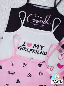 3套甜美唯美少女吊带睡衣套装，3种款式 - 1套白色字母标语上衣搭配粉色格子爱心印花短裤 - 彩色 - 查看 9