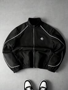 TOKVUE 男士休闲百搭星月印花夹克，反光条纹设计，宽松后背图案，PAVTROS品牌，情人节，我爱我的男朋友，复古，街头风，节日