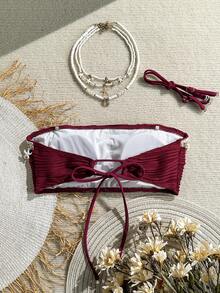 Swim Vcay Textured Solid Color Shell Strap Decor Bandeau Swimwear Top - Burgundy - View 2
