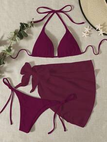 SHEIN Swim Mod 女士夏季沙滩纯色挂脖比基尼套装（3件套） - 三角比基尼上衣、侧系带比基尼下装、半身裙 - 酒紅色 - 查看 1