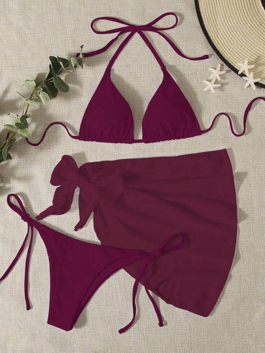 SHEIN Swim Mod 女士夏季沙滩纯色挂脖比基尼套装（3件套） - 三角比基尼上衣、侧系带比基尼下装、半身裙 - 酒紅色 - 查看 1