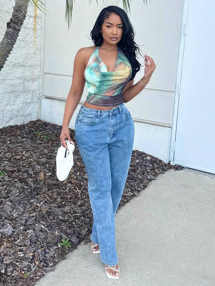 Alexandranx Women's Fashion Sexy Tie-Dye Halter Backless Top , Winter ,Autumn Women ,Halloween,New Year , Thanksgiving For Women,Party ,Beach,Cute Tops - Multicolor - View 1