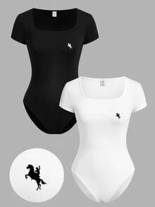 Girlism 2件套少女黑白百搭修身休闲圆领连体裤 - 黑與白 - 查看 1