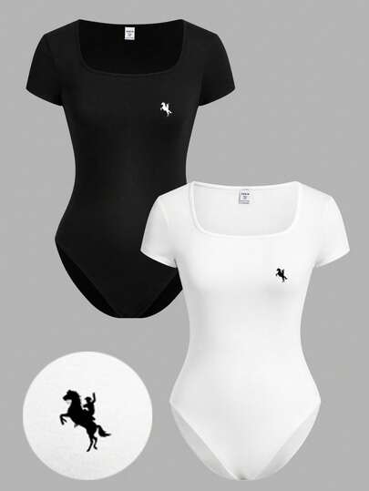 Girlism 2件套少女黑白百搭修身休闲圆领连体裤