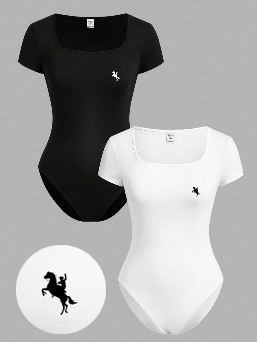 Girlism 2件套少女黑白百搭修身休闲圆领连体裤 - 黑與白 - 查看 1