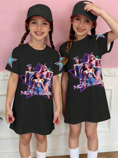 Tween Girls 5-Pointed Star & Slogan Graphic Tee Dress, Casual & Comfortable For Spring, Summer, Fall KPOP Inspired Witch Hunting Girl Group Black Dress, Stylish Matching Sister Sets Cozy Summer & Fall Outfits, & Chic Designs For Girls