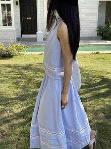 DAZY 女士休闲条纹蕾丝拼接无袖上衣和A字裙两件套，夏季 - 藍色 - 查看 10