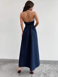 Firerie Women's Criss-Cross V-Neck Backless Fashionable Halter Denim Dress - Dark Wash - View 2