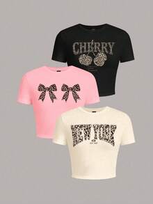 SHEIN EZwear 3件套休闲简约豹纹图案圆领短袖修身露脐女式T恤 - 彩色 - 查看 6