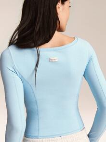 GLOWMODE FeatherFit™ Momentum Buttery-Soft Stretchy Dividing Seam Waist Length Long Sleeve Tee Top With Thumbholes Low Impact Yoga Studio Daily Casual Wear - Blue - View 5