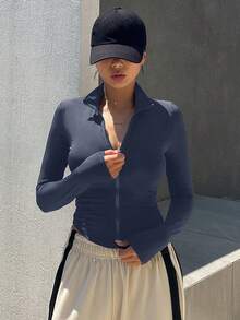 DAZY 女士纯色简约日常长袖T恤，新款秋季运动紧身款 - 灰色 - 查看 4