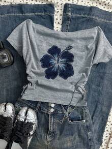 少女春夏街头风，基础款，休闲百搭，运动风白色露肩字母印花短款上衣，返校季服装 - 淺灰色 - 查看 6