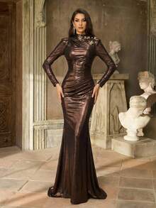 Aureia Elegant, Glamorous, And Stylish, This Deep Brown Metallic Dress Features A Handcrafted Three-Dimensional Metal Floral Embellishment, A Round Neck, Wide Shoulders, Long Sleeves With Pleats, And A Fishtail Train. Suitable For All Formal Occasions, This Is A Heavily Embellished Evening Gown.,Wedding Guest Dress For Women - Brown - View 5