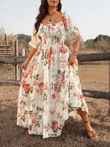 Ceyna Chic Plus Size Boho Long Dress Multicolor Random Floral Print Square Neck Half Puff Sleeve Flounce Hem - Multicolor - View 2