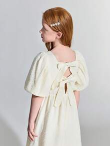 Maija Kids Maija Kids 少女杏色提花圆领泡泡袖优雅连衣裙 - 杏色 - 查看 2