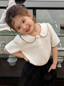 DAZY Young Girl Peter Pan Collar Short Sleeve Solid Color Korean Style T-Shirt Summer - Apricot - View 1
