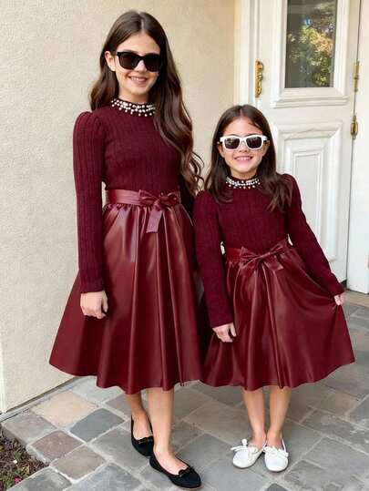 SHEIN 1pc Girls Crew Neck Long Sleeve Ribbed Knit Patchwork Floral Hem Dress, Sweet & Ladylike, Autumn