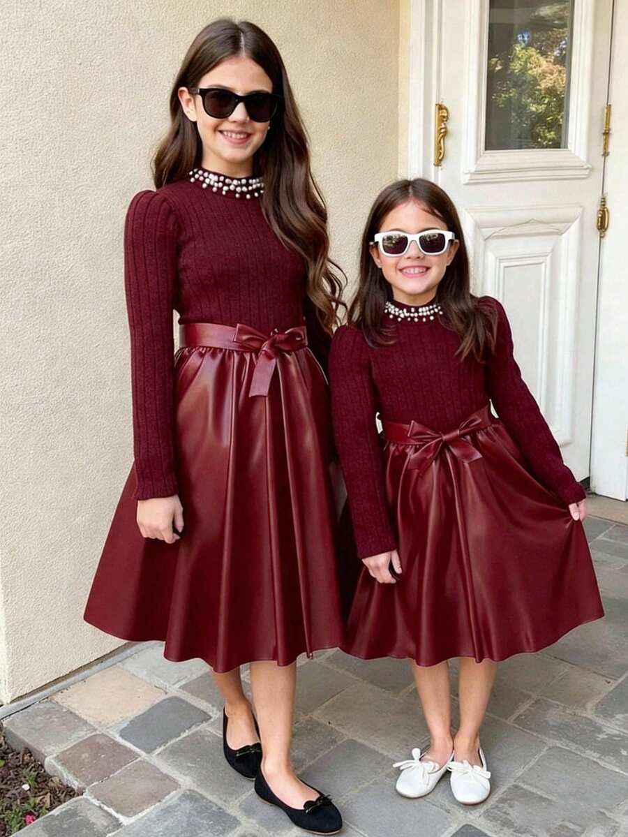 SHEIN 1 chiếc váy dệt kim cổ tròn tay dài có viền hoa thêu gân cho bé gái, ngọt ngào và nữ tính, mùa thu - Màu Đỏ Sâu - Xem 1