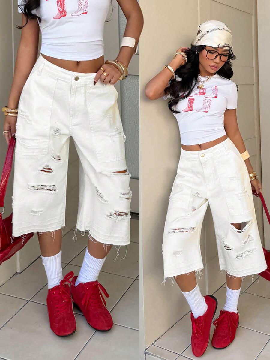 StreetHx Fashionable Casual Street Style Distressed Pocket Low-Waist 7/8 Length Jeans - White - View 1