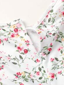 SHEIN 少女粉色碎花无袖梭织抽绳腰褶皱A字荷叶边迷你裙短裤连体连衣裙，春夏款 - 白色 - 查看 6