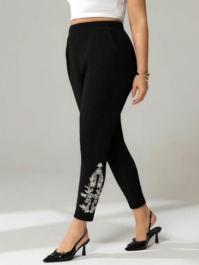 Auralis 大码女装春夏时尚优雅弹力舒适日常修身黑色紧身裤，饰有金色刺绣和松紧腰带，女式下装，曲线裤，春季女装