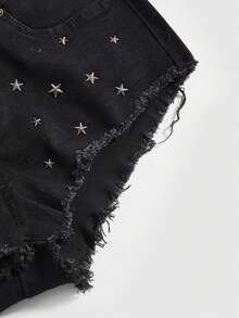 ROMWE Grunge Punk 女士超低腰性感Y2K千禧复古金属星铆钉紧身牛仔短裤 - 黑色 - 查看 4