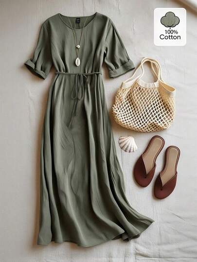 Louniche Standard Size Women's Waist Tie Design Casual Vacation Solid Color Dress