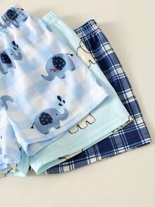 SHEIN 6pcs/Set Unisex Baby Clothes, Cute Cartoon Elephant & Plaid Pattern Short Sleeve Pajamas & Shorts Home Outfit Set, Summer - Multicolor - View 8