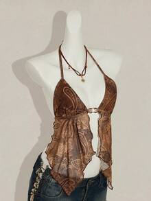 SHEIN ICON 吊带无袖复古印花露背吊带背心 - 棕色 - 查看 8