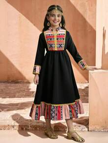 SHEIN Explorewe Tween Girls'Vintage Print Black Color Block Patchwork Dress - Black - View 2