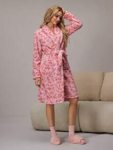 HautHeat Bata de mujer con estampado de leopardo, de felpa, de manga larga, con nudo en la cintura, de moda - Rosa - Ver 4