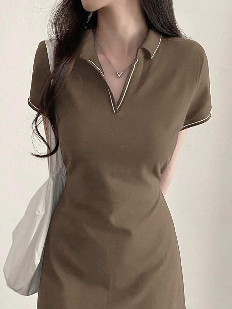 Women's V-Neck Casual Striped Mid-Length Dress Shirt Dress Maxi Dress