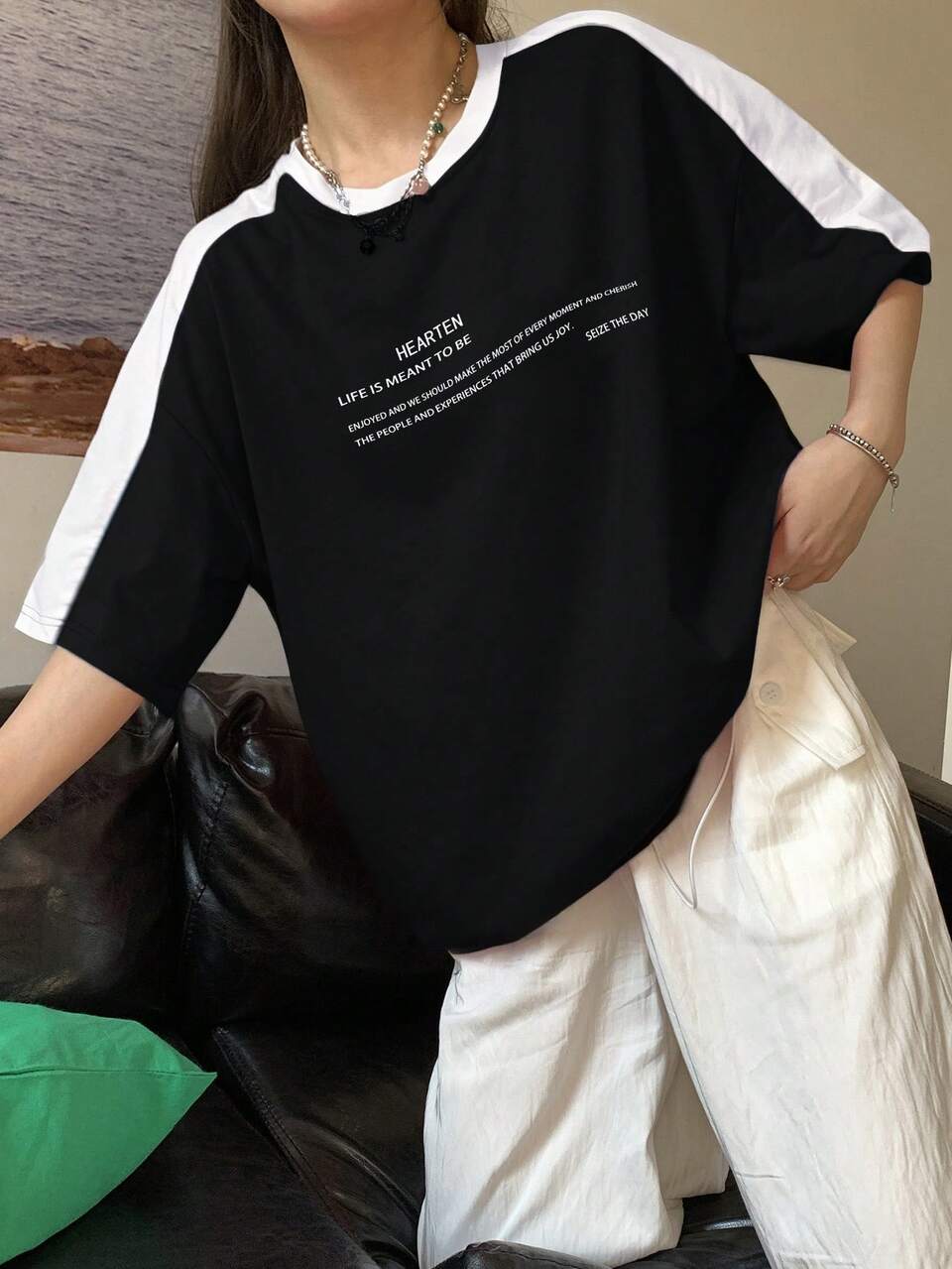 Women's Loose Drop Shoulder Short Sleeve T-Shirt With Slogan Print,Casual,Summer,City Break,Black N White,HEARTEN SEIZE THE DAY Breathable Tee