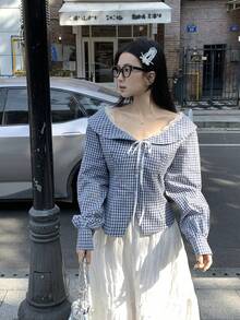 DAZY 女士蕾丝拼接格子长袖休闲衬衫 - 藍色 - 查看 6