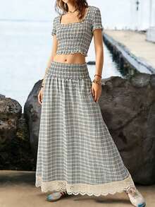 SoleilVie Women's Contrast Lace Blouse And Plaid Mini Skirt 2 Pieces Set - Multicolor - View 5