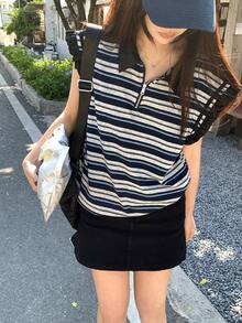 DAZY Women's Polo Collar Striped Casual Short Sleeve T-Shirt - Blue - View 7