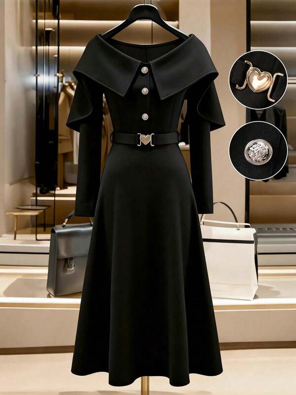 GlowEve CURVE 女性用エレガントな長袖 ショールカラー ウエストシンチ ドレス