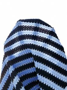 Tween Girl Casual Vacation Street Asymmetric Shoulder Textured Jacquard Striped Fitted Cropped T-Shirt And Matching Straight Leg Striped Knit Pants Set, Back To School Outfit - Blue - View 7