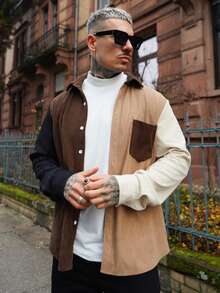 Artur Kramer Jaket Shacket Pria Bahan Corduroy dengan Panel Warna Kontras dan Kerah, Gaya Kasual untuk Pemakaian Sehari-hari, Musim Gugur - Hitam - View 1