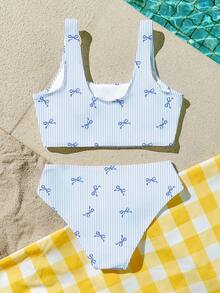 SHEIN Tween Girl Casual Striped Bow Print Minimalist Tankini Swimsuit Set, Suitable For Summer - Blue - View 2