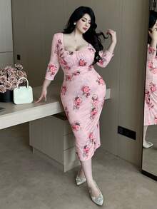 Vibekara Vestido midi de talla grande para mujer, con estampado de rosas vintage, elegante y sexy, de manga 3/4 ajustada - Rosa - Ver 6